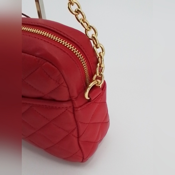 ISAAC Mizrahi RED Quilted Leather Crossbody Handbag Tan Chain Strap Shoulder Bag - Picture 8 of 13